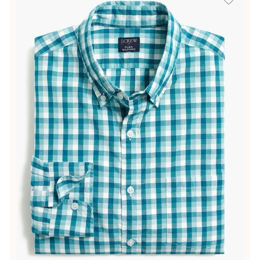 J.Crew Flex Washed Gingham Shirt XL Stretch Cotton Teal Classic Fit NWT Preppy